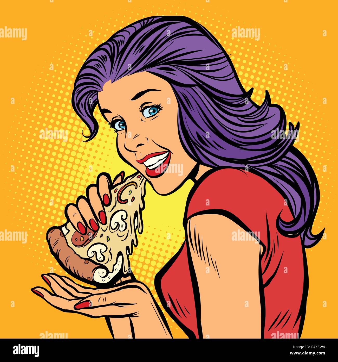 La pizza. Hungry woman eating fast food Illustration de Vecteur