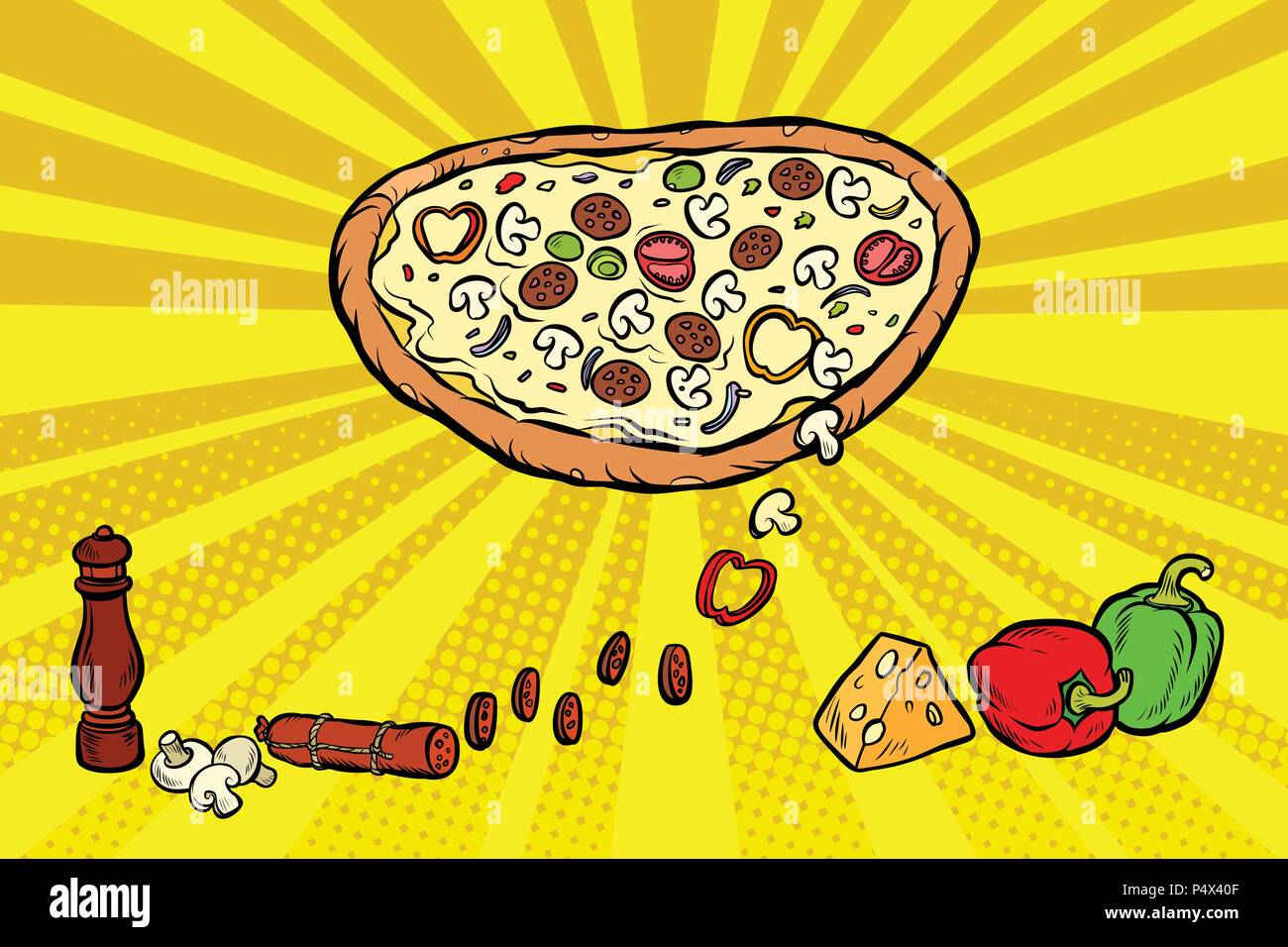 Ingrédients pizza saucisse fromage Champignons Poivrons Illustration de Vecteur