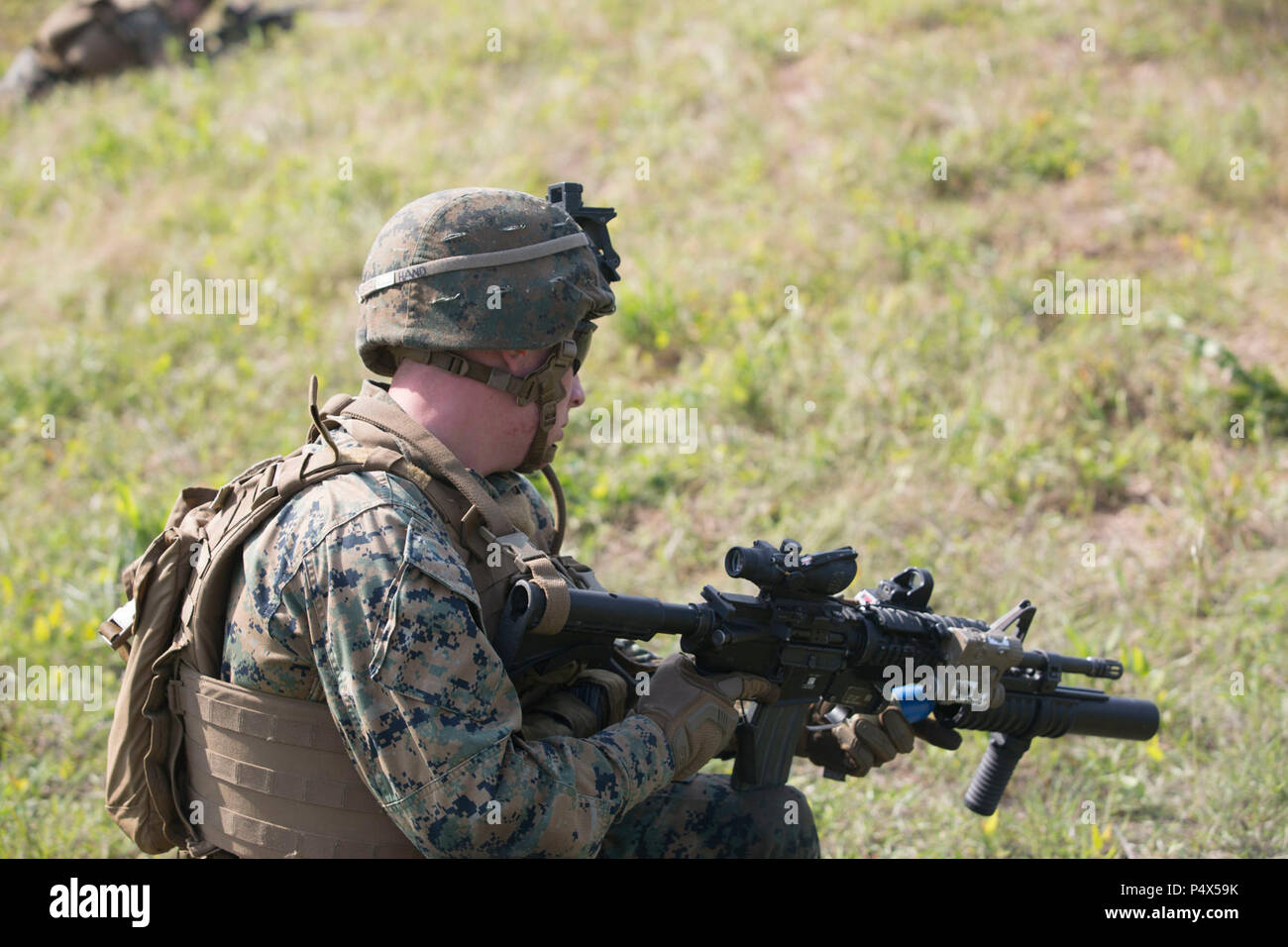 Une aire marine de charge un lance-grenades M203 au cours d'un exercice d'entraînement de l'équipe d'incendie au Camp Lejeune, N.C., 9 mai 2017. L'exercice portait sur le feu tactique de l'équipe d'améliorer leurs compétences de combat dans la région de jour comme de nuit. La Marine est membre du 2e Bataillon, 8e Régiment de Marines, 2e Division de marines. Banque D'Images