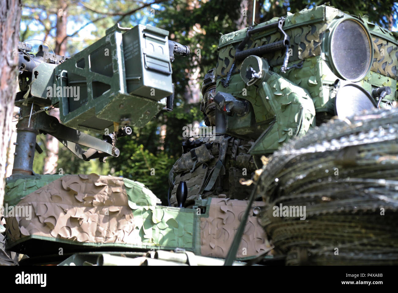 Un soldat américain de 4e Escadron, calvaire 2d analyse son régiment d'incendie du secteur tout en déplaçant un poste de commandement au cours de combat Sabre trains sortie 17 à la zone d'entraînement, Allemagne Hohenfels, Mai 10, 2017. Sortie 17 Sabre est l'armée américaine Europe's Cavalry Regiment 2d centre de formation de combat de l'exercice de certification, qui aura lieu au Centre de préparation interarmées multinationale à Hohenfels, Allemagne, Avril 25-Mai 19, 2017. L'exercice a pour but d'évaluer l'état de préparation du régiment pour mener des opérations terrestres unifiée, avec un accent particulier sur les répétitions de la transition de garnison pour lutter contre l'o Banque D'Images