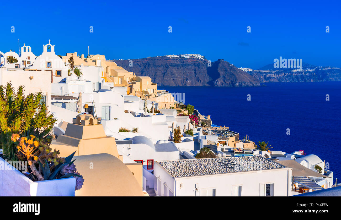 Oia, Santorin, Grèce : traditionnel et célèbre white maisons et églises sur la caldeira, la mer Égée. Banque D'Images