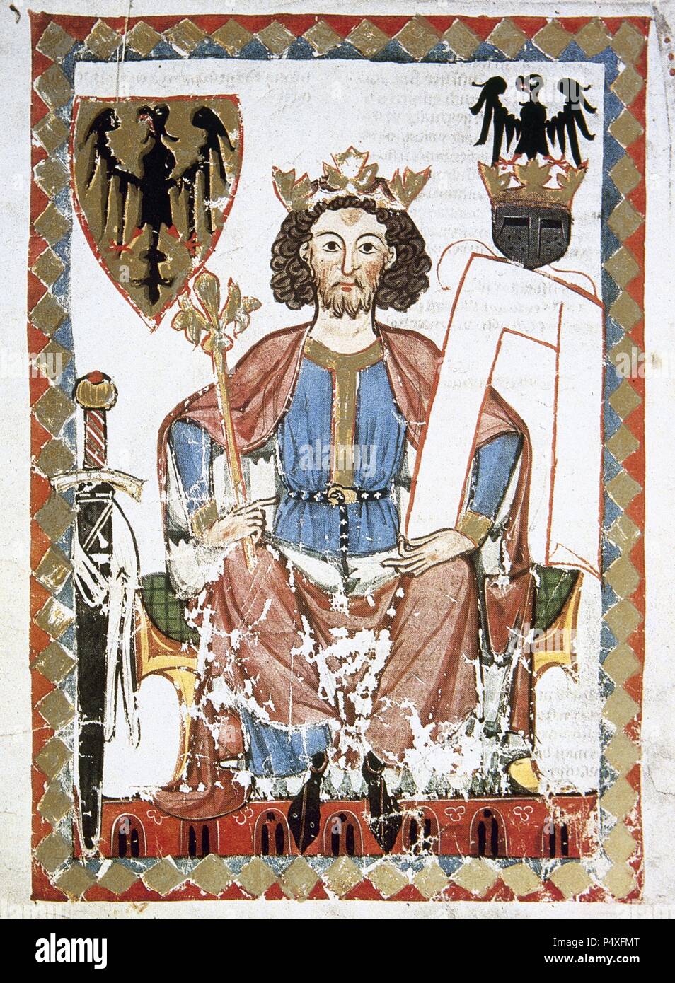 Henri VI Hohenstaufen (Nijmegen, 1165, Messine, 1197.) Roi d'Italie et l'Allemagne et l'empereur (1191-1197), fils de Frédéric Barberousse. L'empereur avec les armes de l'Empire des Habsbourg. Fol. 6r. Le Codex Manesse (ca.1300) par Rudiger Manesse et son fils Johannes. Université de Heidelberg. Bibliothèque. L'Allemagne. Banque D'Images