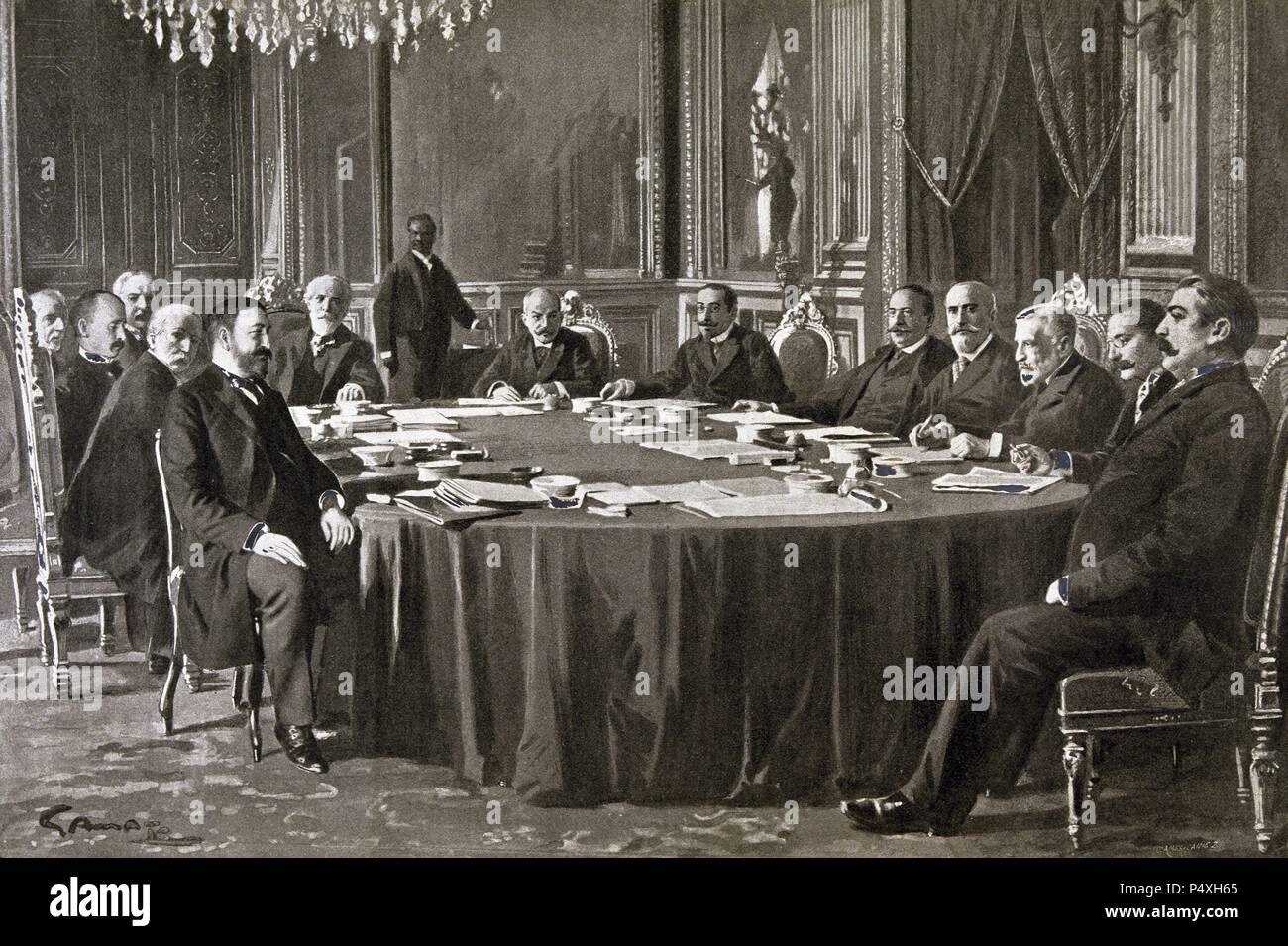 GUERRA DE CUBA (1868-1898). GUERRA HISPANO-NORTEAMERICANA (1898). Tras la rendición de Santiago de Cuba el 16 de julio de 1898 a las fuerzas de EE. UU., el 12 de agosto se firmó el alto el fuego, previo a la paz de París. 'ULTIMA SESION DE LA COMISION DE PAZ'. La gravure. La Ilustración Española y Americana, 1898. Banque D'Images