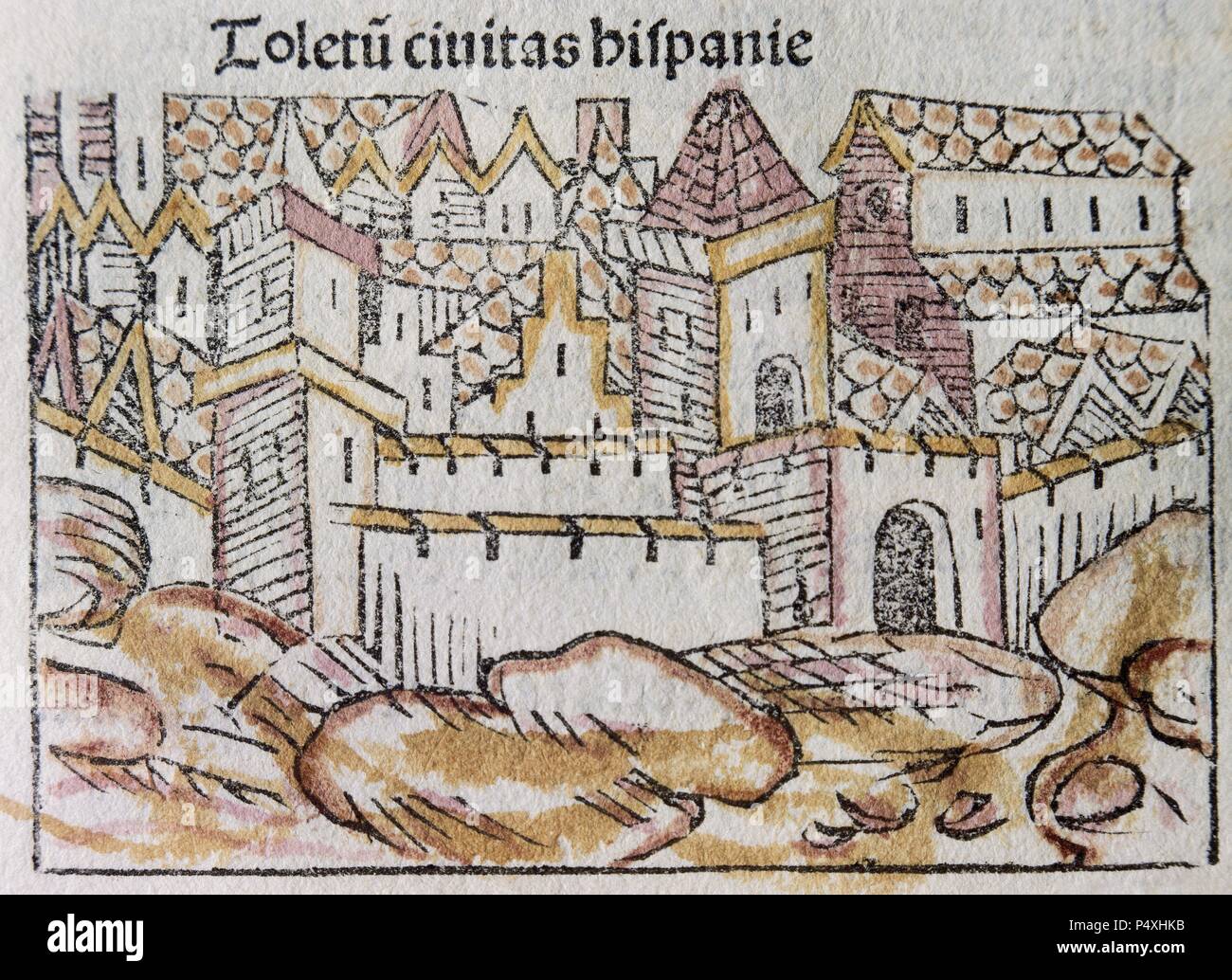 Toledo. Ville Espagnole. Gravure couleur par Franciscus Patricio. Publiée à Venise en 1489. Liber Chronicorum Vel de Temporibus. Banque D'Images