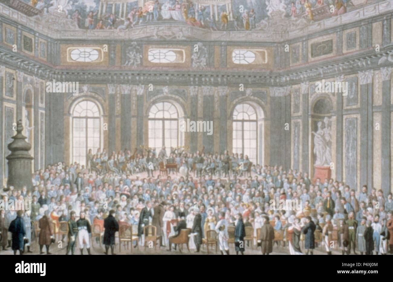 Franz Joseph Haydn (1732-1809). Compositeur autrichien. Orchestre jouant la création, écrit entre 1796- 1798). Université de Vienne (1808). Gravure, 1809. La couleur. Banque D'Images