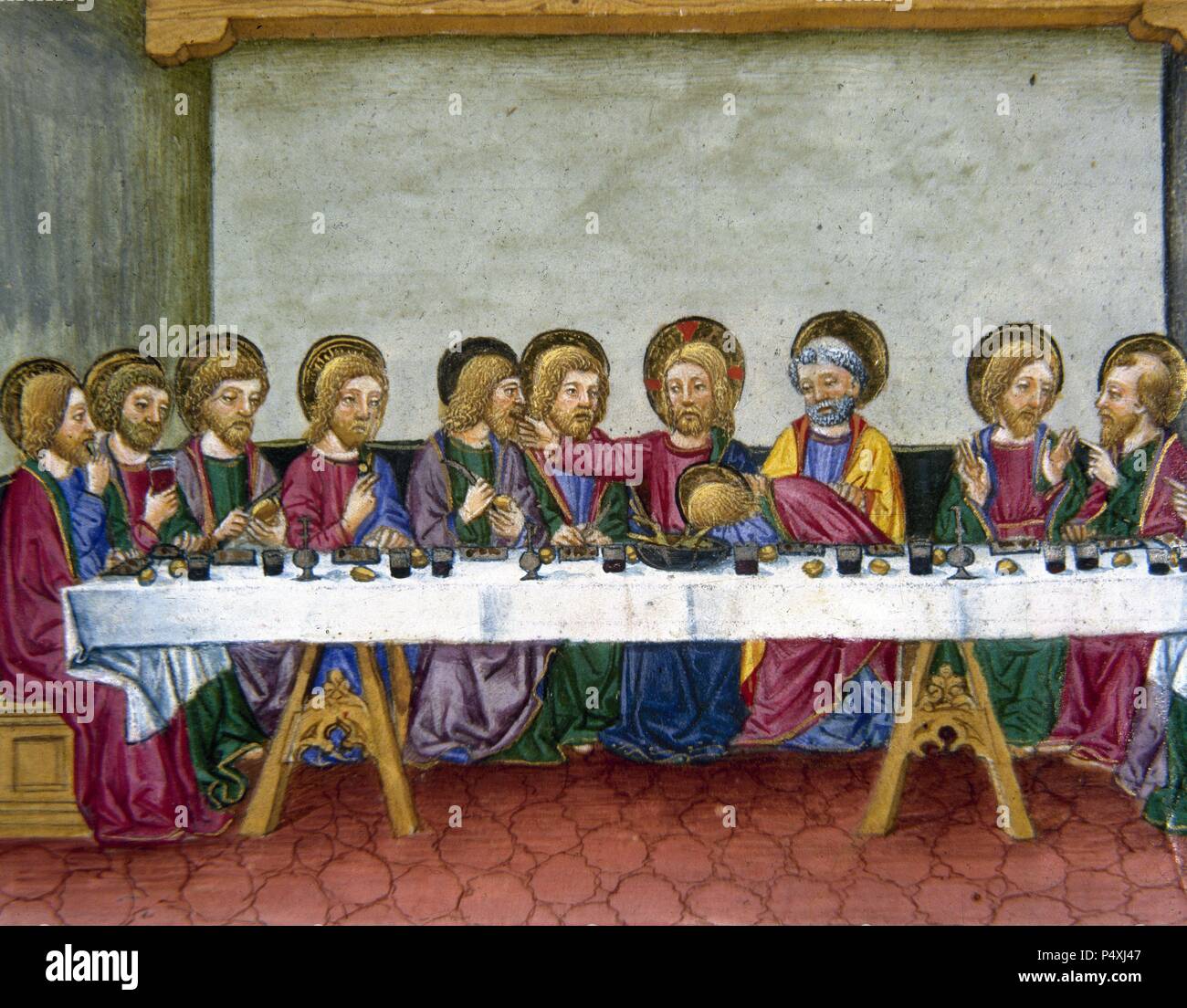 La dernière Cène. Jésus annonce aux apôtres que l'un d'entre eux va trahir. Le Codex de Predis (1476). Bibliothèque royale. Turin. L'Italie. Banque D'Images