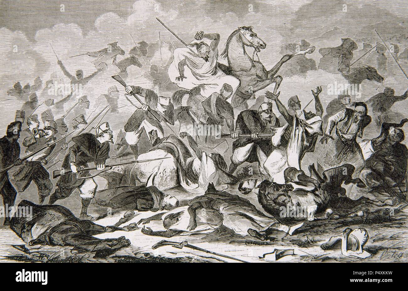 La guerre hispano-marocaine (1859-1860). La charge d'infanterie espagnole contre la cavalerie arabe. Gravure "musée universel" (1860). Banque D'Images