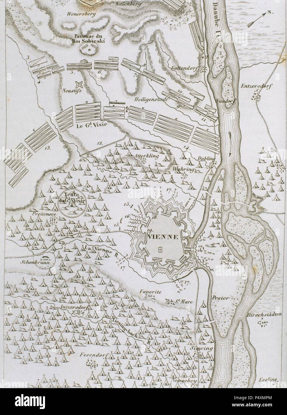 Siège de Vienne en 1683, défendu par le comte Ru¨diger von Starhemberg. Une armée européenne (Pologne et Allemagne) dirigé par Jean III Sobieski (roi de Pologne) et Charles V de Lorraine défait les Turcs à Kahlenberg. L'Autriche. Banque D'Images
