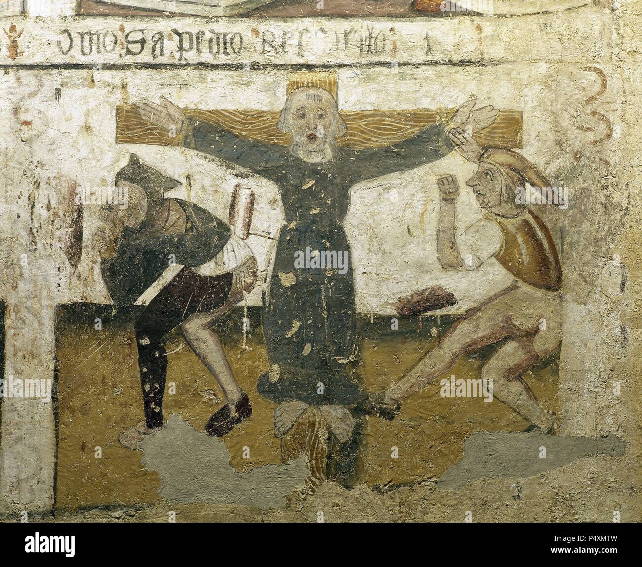 ESCENAS DE LA VIDA DE SAN PEDRO. Detalle de las pinturas murales fechadas en el siglo XIV, situadas en la nef central de la Catedral de Mondoñedo, con la REPRESENTACION DE LA CRUCIFIXION DE SAN PEDRO. Provincia de Lugo. La Galice. España. Banque D'Images