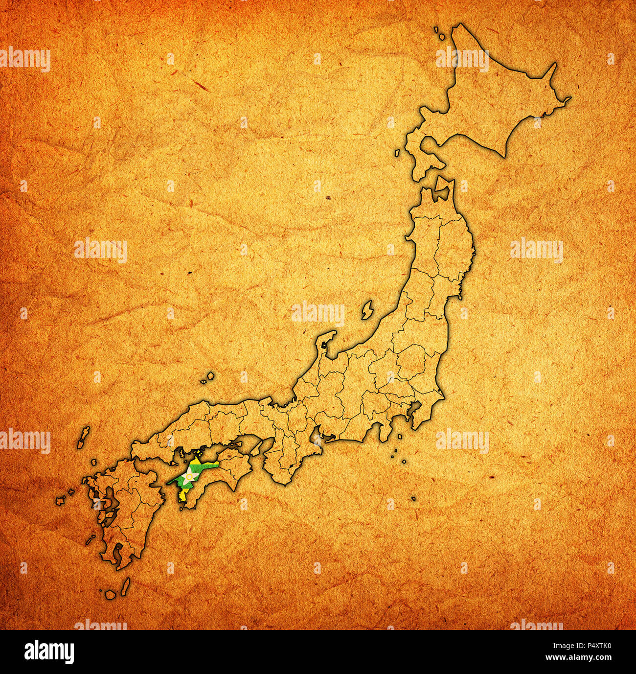 Drapeau de la préfecture d'Ehime sur plan avec les divisions administratives et des frontières du japon Banque D'Images