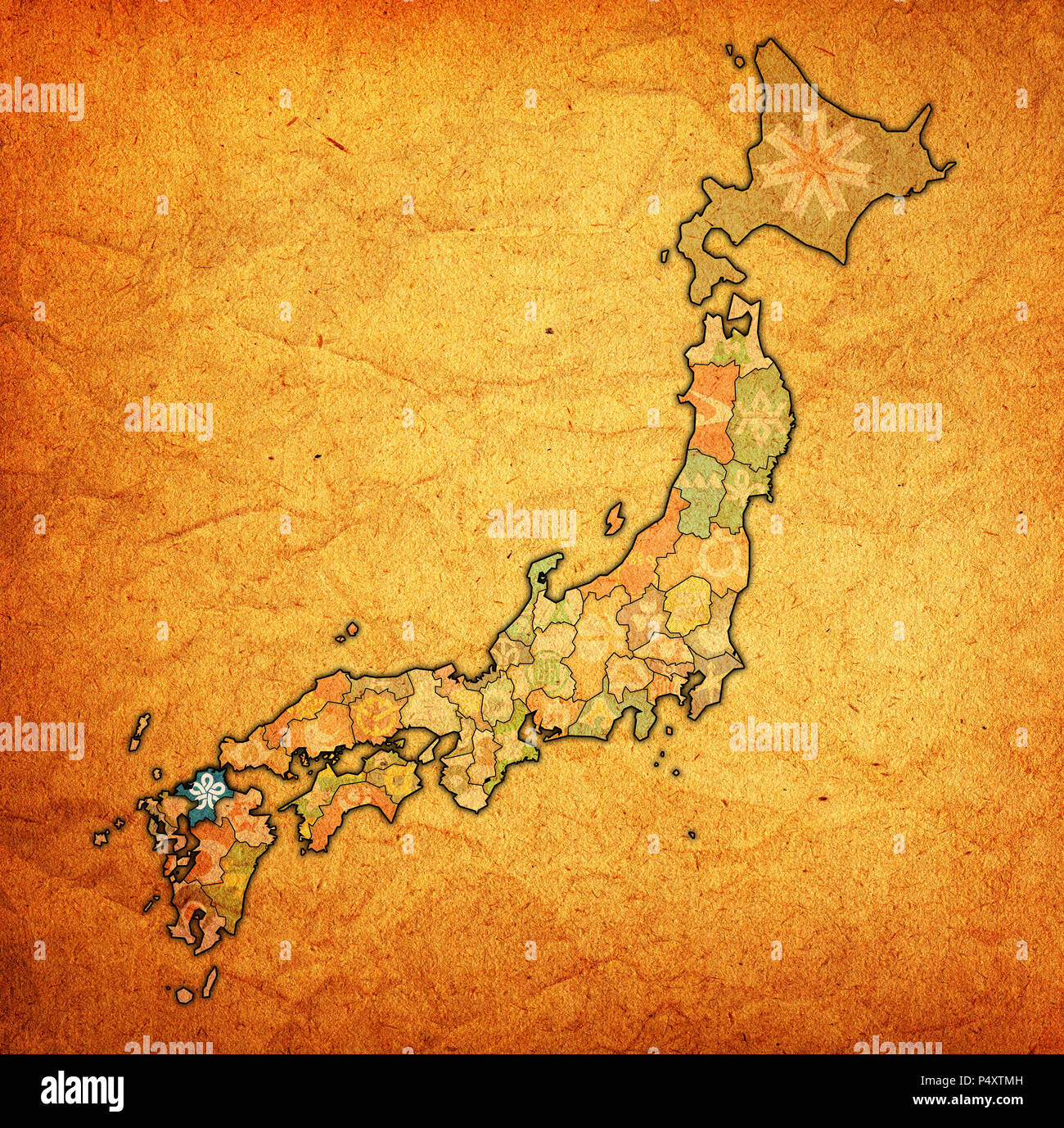 Pavillon de la préfecture de Fukuoka sur une carte avec les divisions administratives et des frontières du japon Banque D'Images