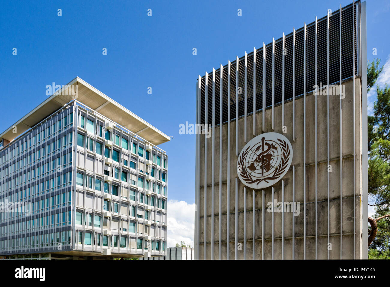 Genève Suisse - 06 juin 2018 : le siège de l'Organisation mondiale de la santé (OMS/OMS) est situé à la périphérie de Genève Banque D'Images