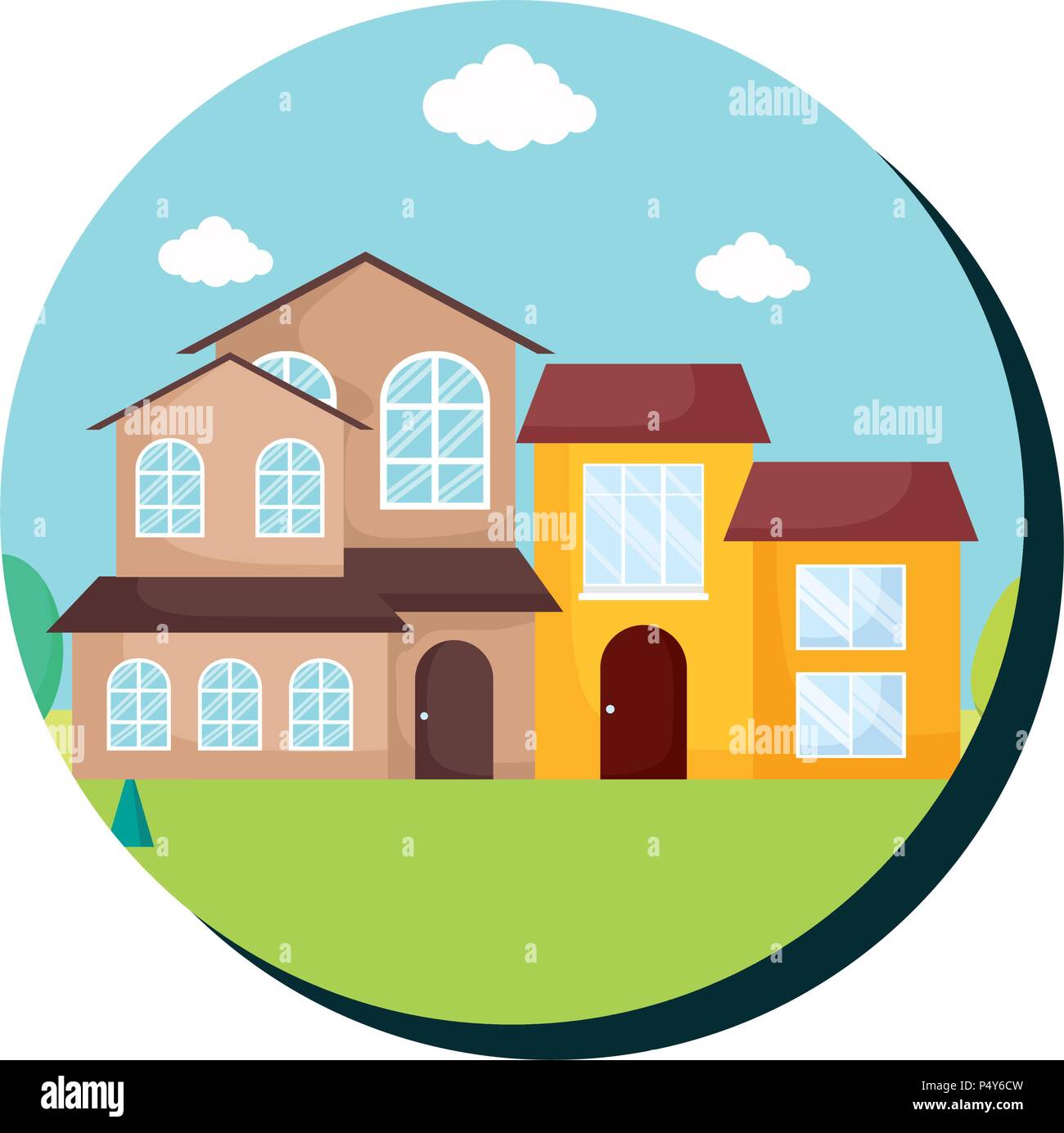 Châssis circulaire décoratif avec paysage avec maisons modernes sur fond blanc, design coloré. vector illustration Illustration de Vecteur