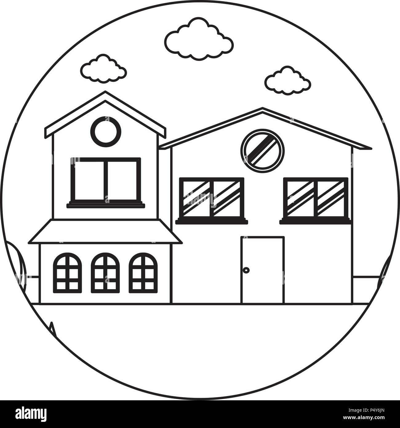 Châssis en forme de cercle avec des maisons traditionnelles dans un paysage sur fond blanc, vector illustration Illustration de Vecteur