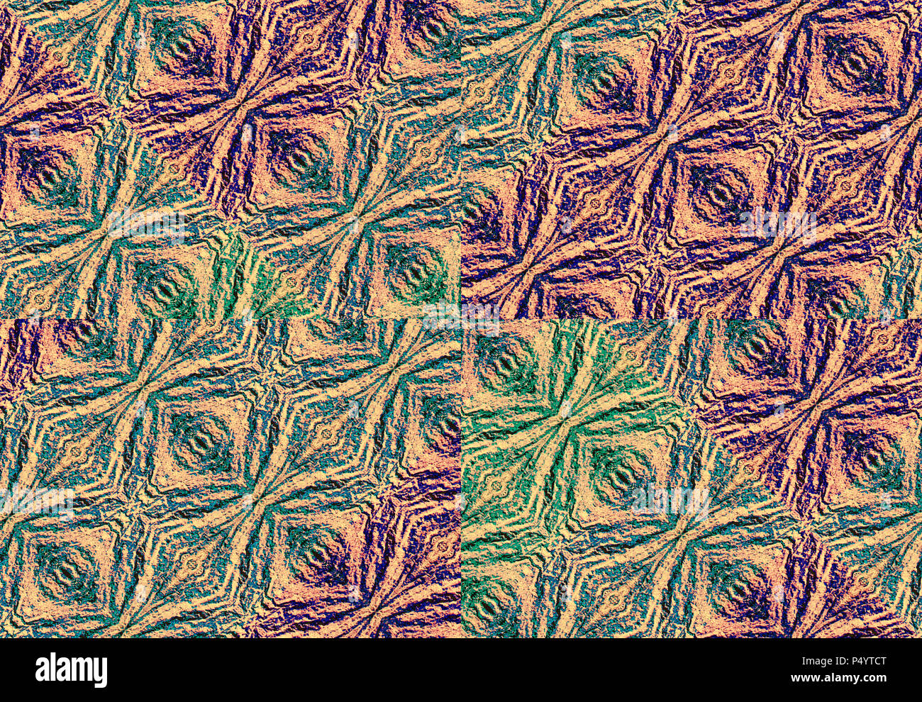 Collage numérique et manipulation technique style ethnique moderne transparente avec motif géométrique grunge textures et teintes froides mixtes. Banque D'Images