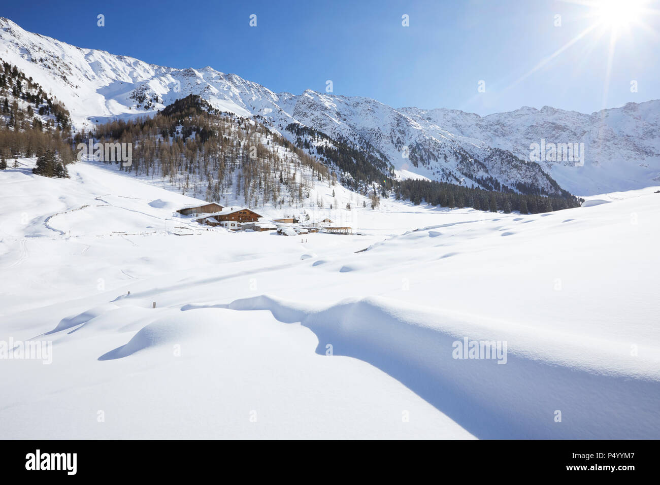 Autriche, Tyrol, Kuehtai, paysage d'hiver en rétro-éclairage Banque D'Images