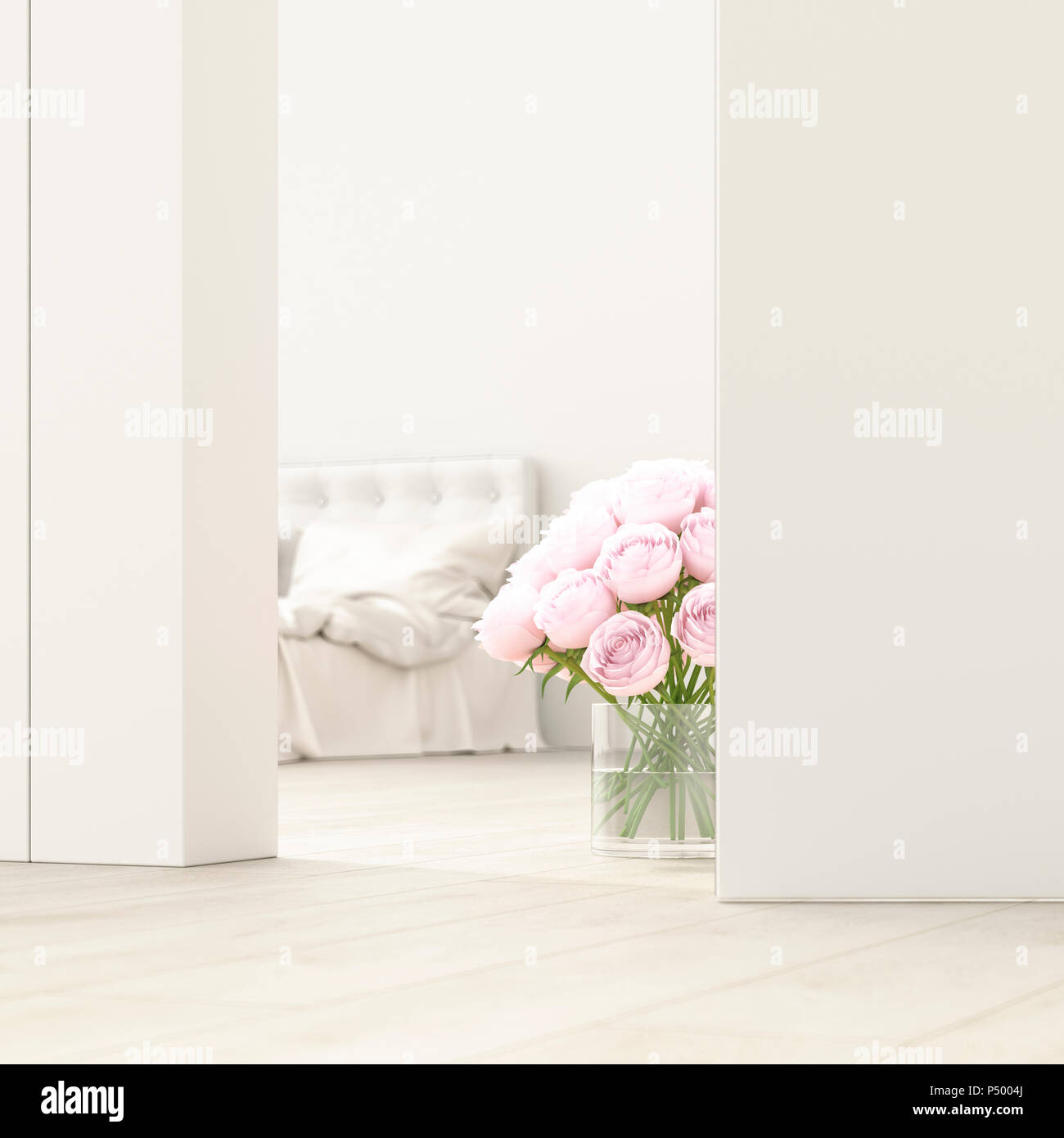 Chambre avec un bouquet de roses derrière la porte entrouverte, 3D Rendering Banque D'Images