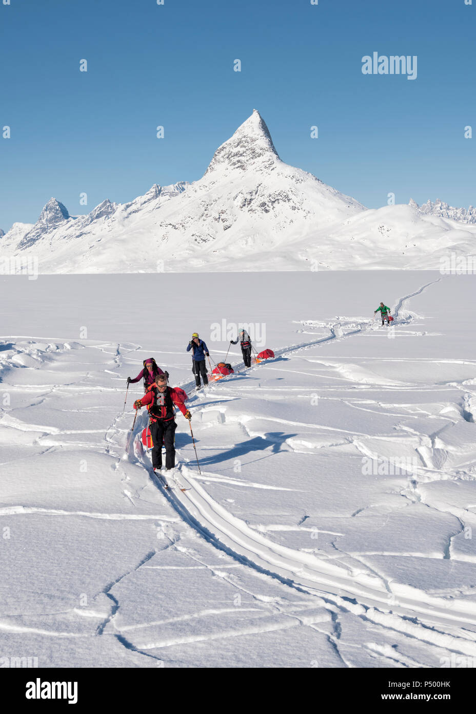 Le Groenland, Schweizerland Alpes, Kulusuk Kulusuk, ski de randonnée, Banque D'Images