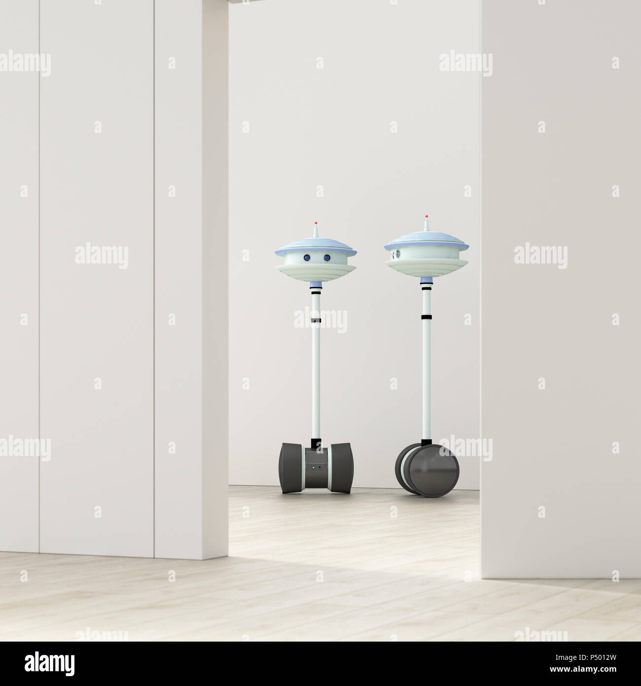 Deux robots derrière la porte entrouverte dans une salle vide, 3D Rendering Banque D'Images