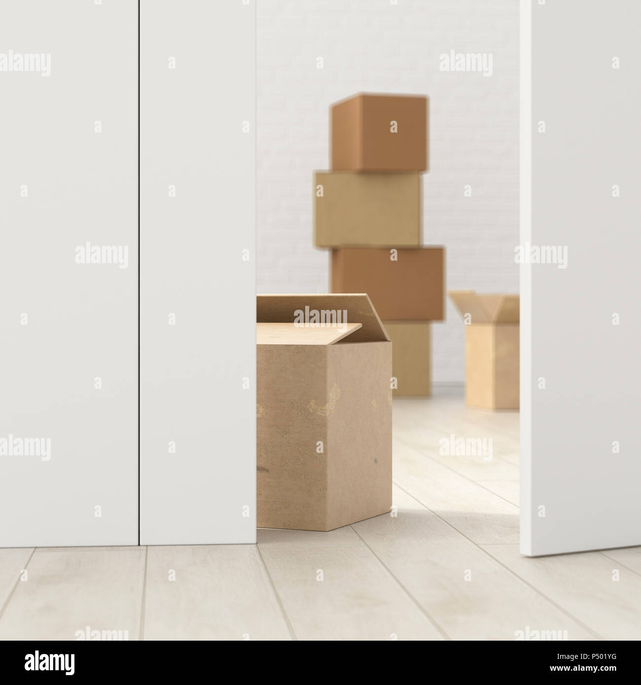 Boîtes de carton dans une pièce derrière la porte entrouverte, 3D Rendering Banque D'Images