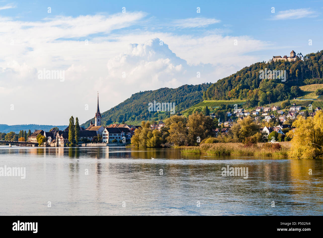 La Suisse, canton de Schaffhouse, Stein am Rhein, Rhin, paysage urbain avec Château Hohenklingen Banque D'Images