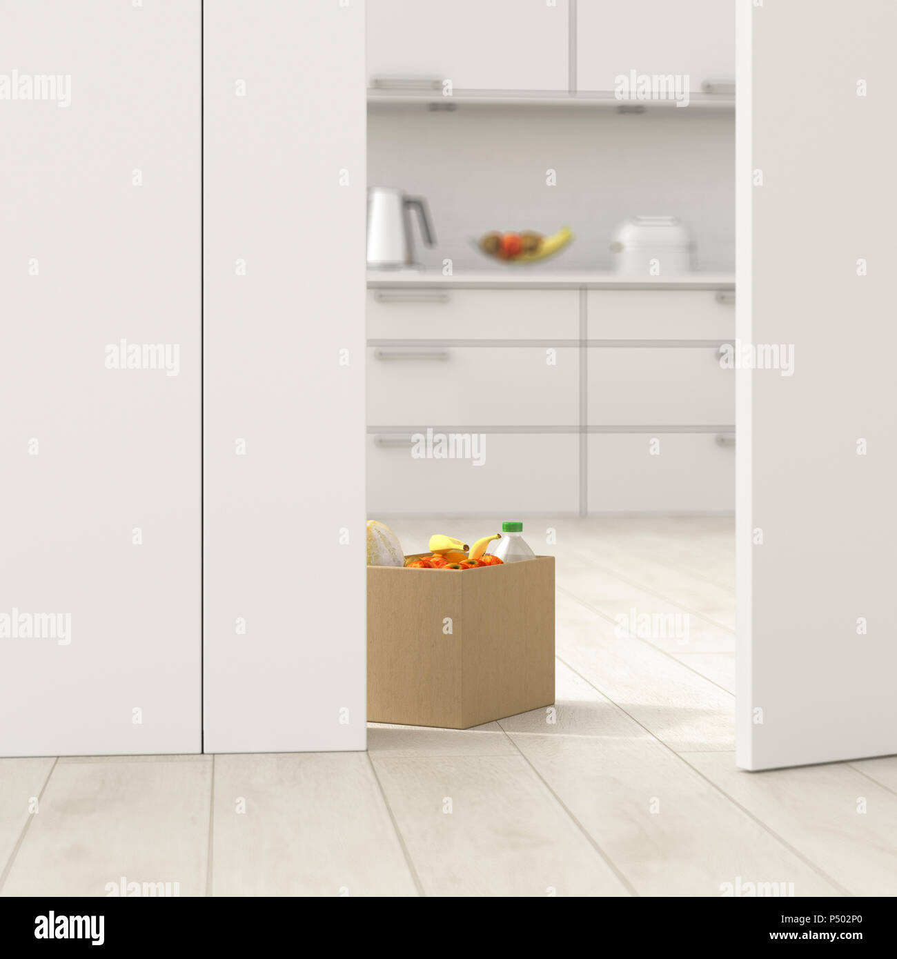 Boîte en carton avec des provisions dans la cuisine derrière la porte entrouverte, 3D Rendering Banque D'Images