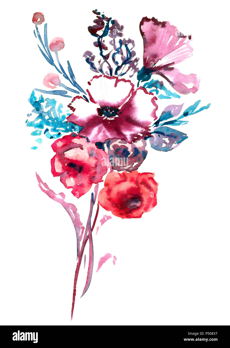 Bouquet de roses roses et fleurs bleu mauve sauvage, feuilles et baies  isolées, illustration aquarelle peinte à la main dans un style moderne  (points faibles Photo Stock - Alamy