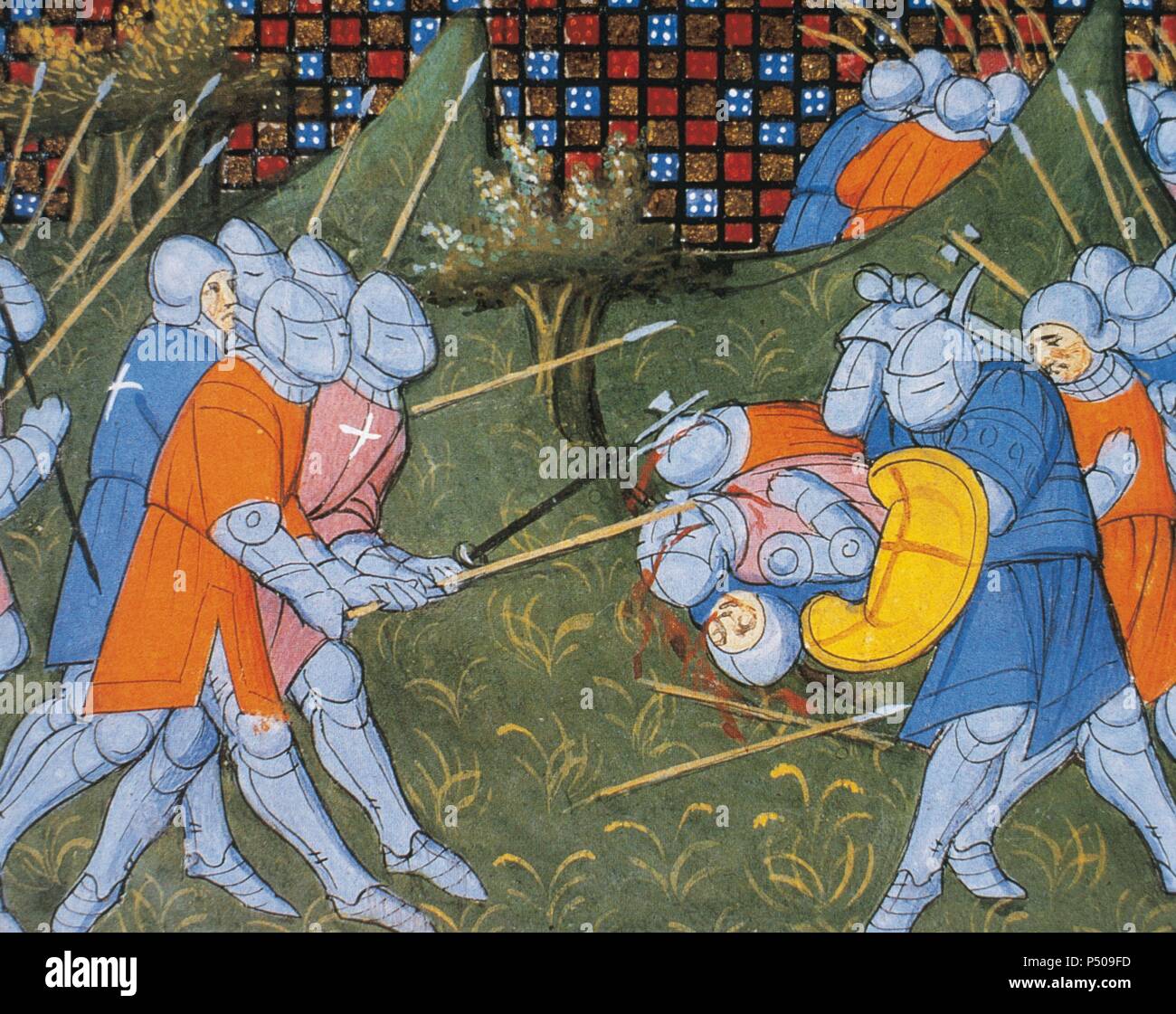 La Guerre de Cent Ans. Menée à partir de 1337 les conflits de 1453 entre le Royaume d'Angleterre et le royaume de France pour contrôler le trône français. Bertrand du Guesclin (1320-1380) le combat avec les Britanniques. Miniature. Château de Chantilly. 14e siècle. Banque D'Images