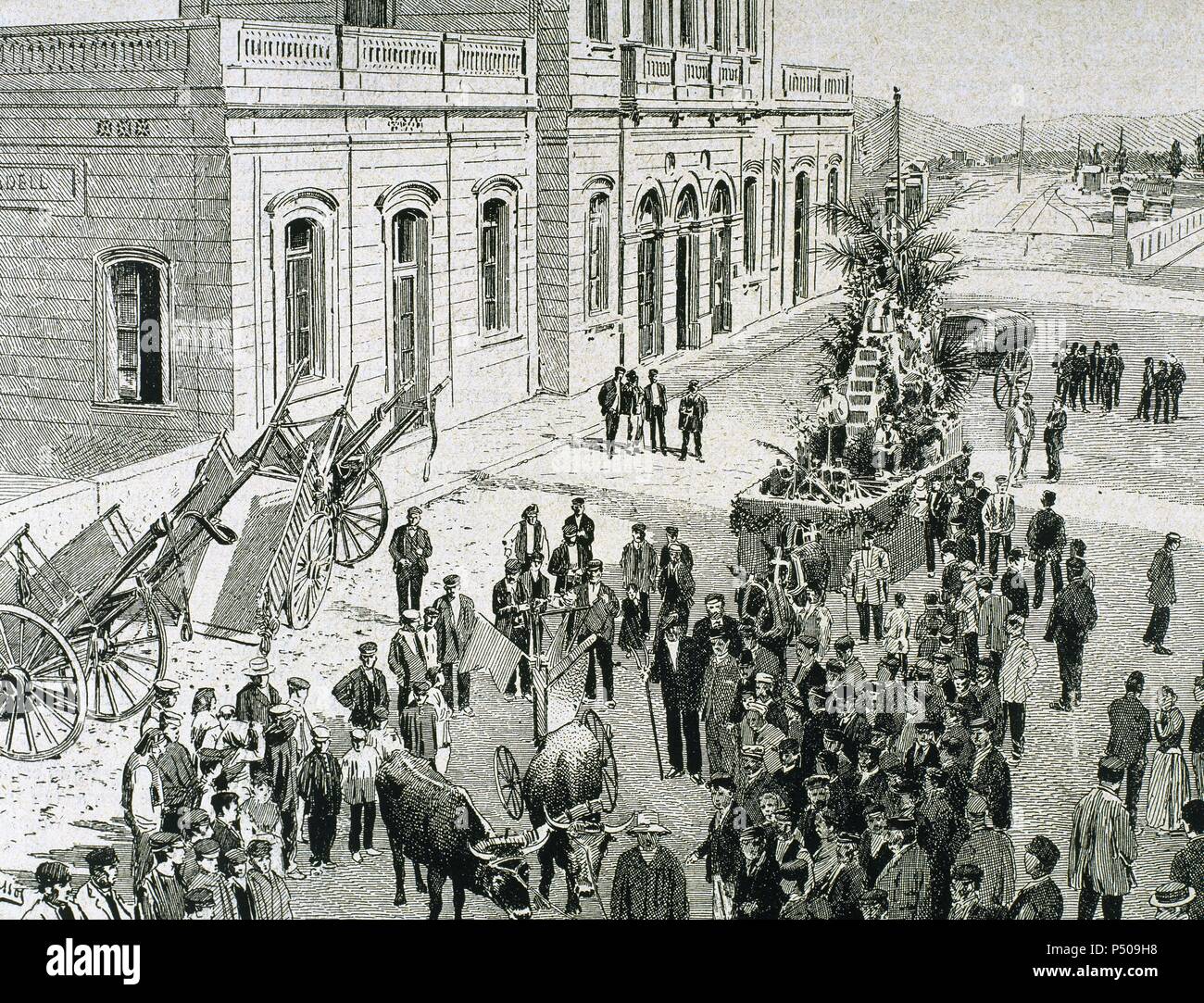 L'Espagne. La Catalogne. Sabadell. Défilé de l'agriculture. Dessin de Passos dans 'l'espagnol et l'American Illustration.' 1877. Banque D'Images