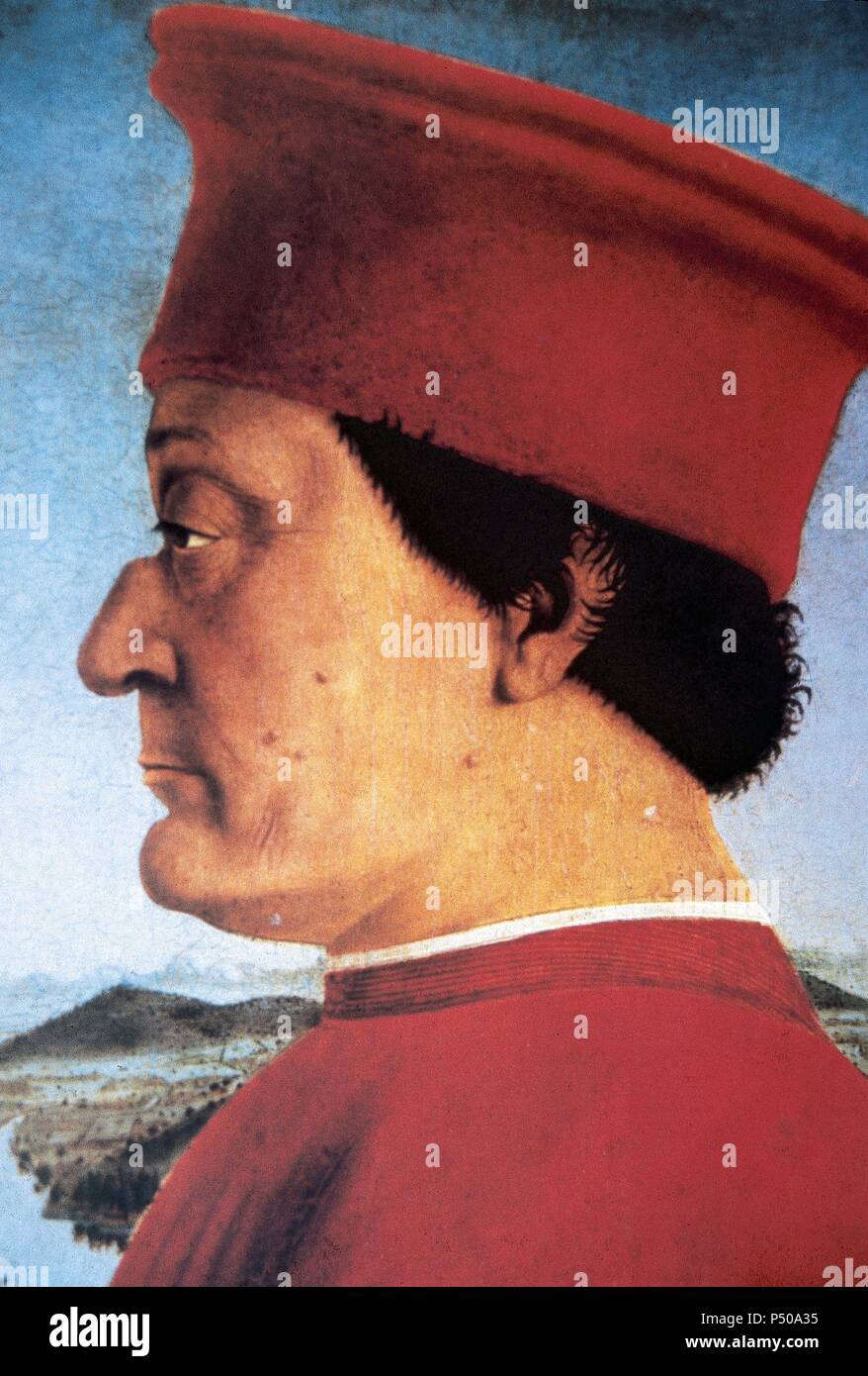 III Federico da Montefeltro (1422-1482). Condottiere italien. Duc d'Urbino (1444-1482). Portrait dans le diptyque des ducs d'Urbino (1465), de Piero della Francesca (h.1420-1492). La Galerie des Offices. Florence. L'Italie. Banque D'Images