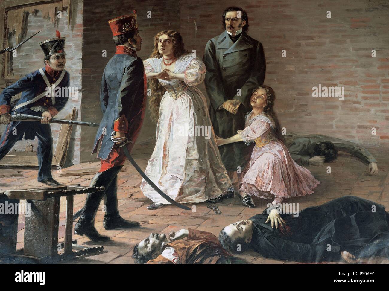 Massacre des héros du 2 août 1810 : M. Quiroga et ses filles face à l'zambos de Lima. Peinture par Cesar Villacres (1880-1941). Eloy Alfaro Military College Museum. Quito. L'Équateur. Banque D'Images