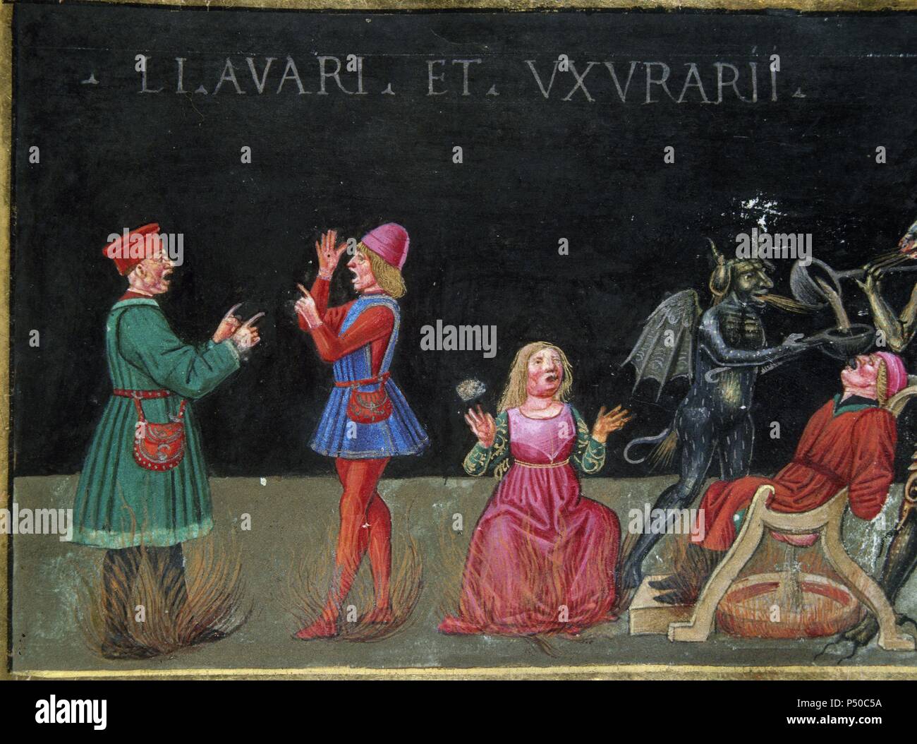 La fin du monde et le Jugement Dernier. Les peines de l'enfer pour les cupides et prédatrice. Le Codex de Predis (1476). Bibliothèque royale. Turin. L'Italie. Banque D'Images