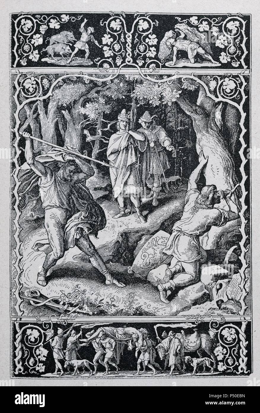 Des Nibelungen. 13e siècle. Poème épique allemand anonyme basé sur les légendes de Siegfried et le peuple de la Nibelungs. Première partie. Chant XVI. Tué par Siegfried Hagen tandis que la chasse. Gravure, 19ème siècle. Banque D'Images