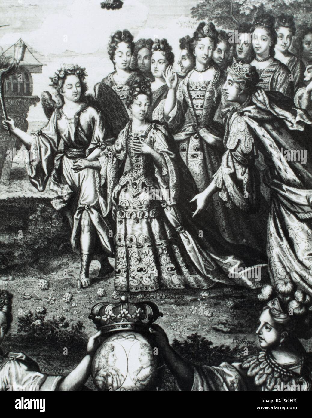 Maria Luisa Gabriela de Savoie (1688-1714). La princesse savoyarde et la première épouse de Philippe V d'Espagne. Elle a agi comme régent d'Espagne (1701-1714). L'arrivée de la reine Maria Luisa de Savoie. La gravure. 18e siècle. Banque D'Images