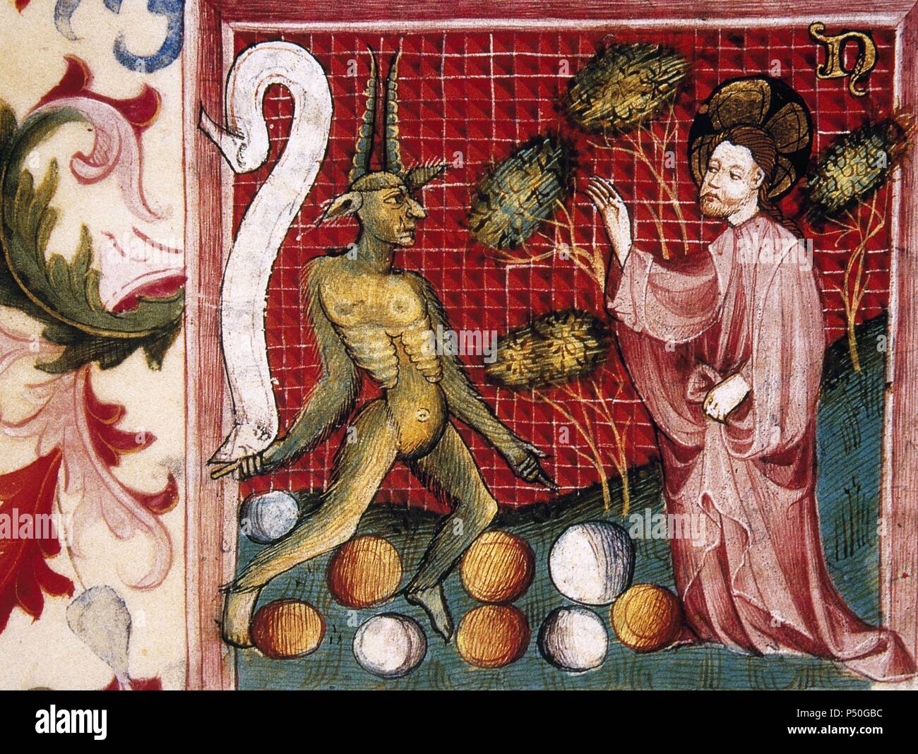 Nouveau Testament. Évangile de Matthieu. Le Christ qui parle avec le diable. Miniature. 15e siècle siècle. La "Vie de Jésus". Chateau de Chatilly. La France. Banque D'Images