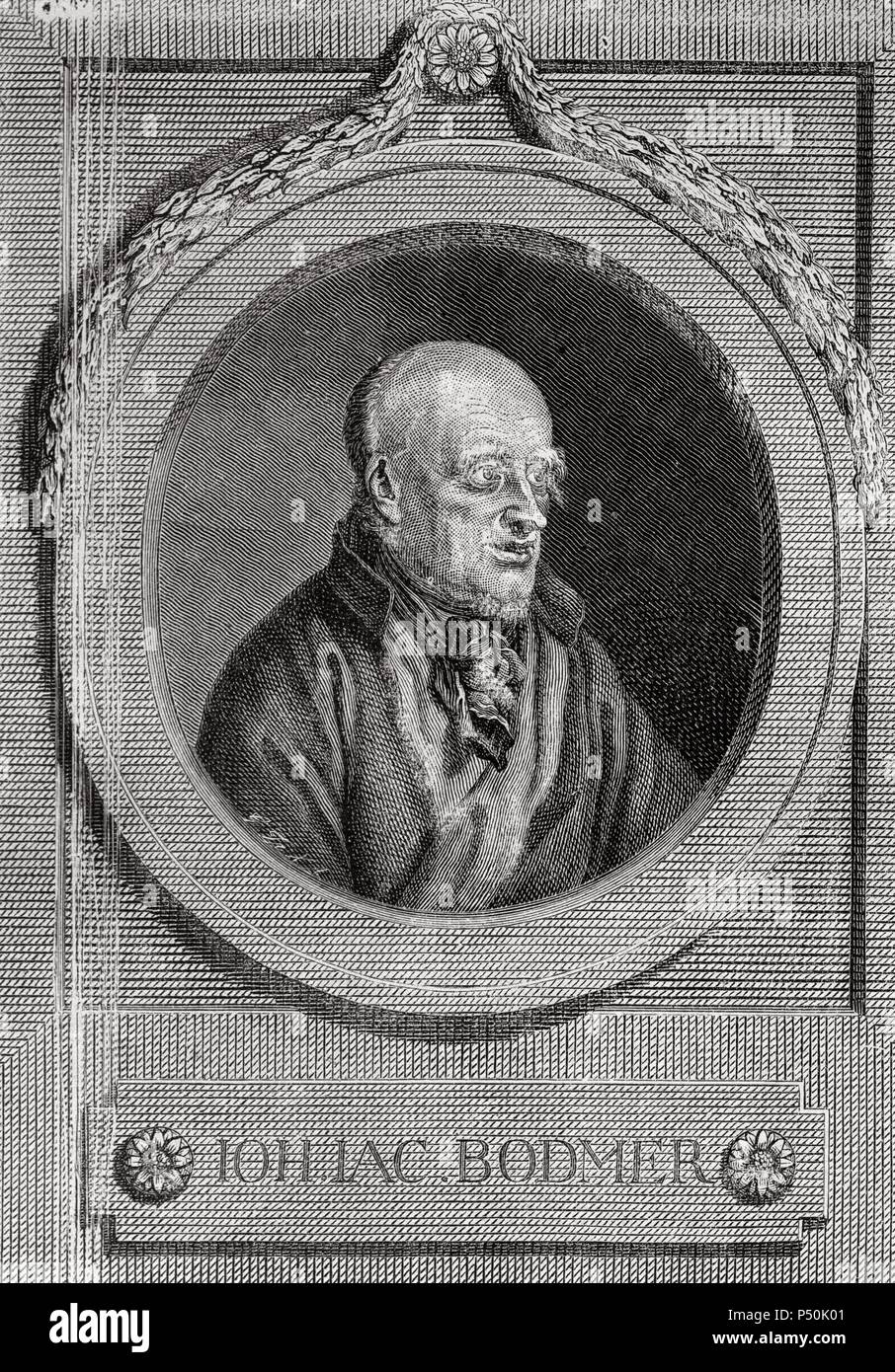 Johann Jakob Bodmer (1698 ð 1783) auteur suisse-allemand, universitaire, critique et poète. Gravure par J.F Bausse (1738-1814), 1784. Banque D'Images