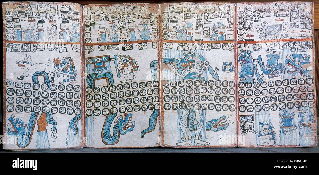 Le codex de Madrid (Codex Tro-Cortesianus). Période postclassique. Il y a 112 pages, qui s'est divisée en deux sections distinctes, connu sous le nom de Codex Troano Codex Cortesianus et le. Ils ont été réunis en 1888. Cette provenance du Codex a été suggéré d'être Tayasal, la dernière ville Maya d'être conquise en 1697. Musée de l'Amérique. Madrid, Espagne. Banque D'Images