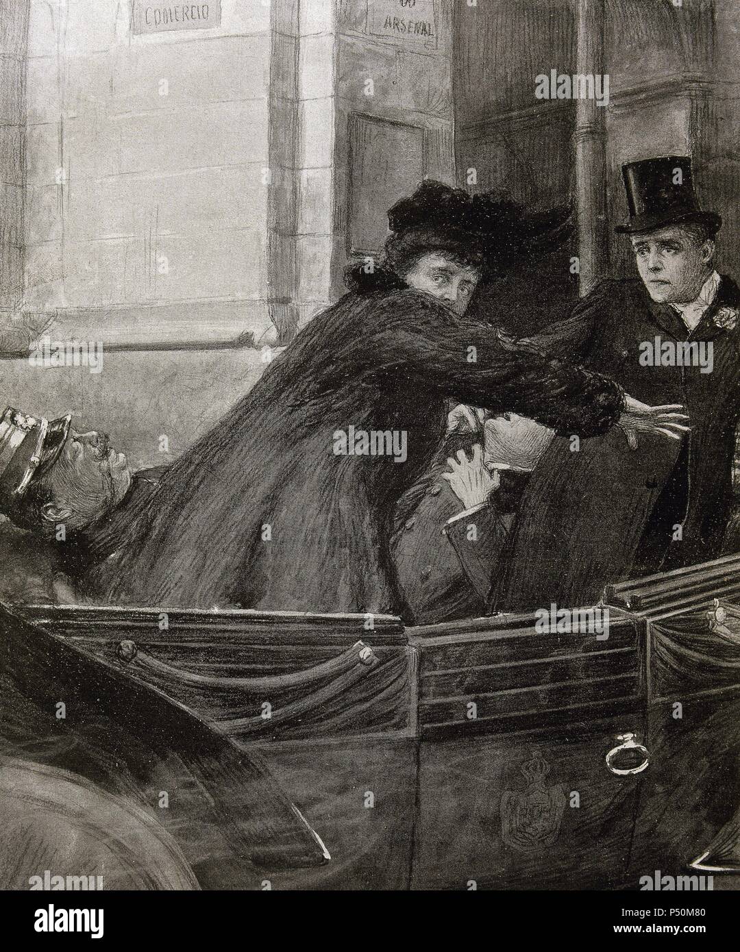 Charles I (1863-1908). Roi de Portugal (1889-1908). Assassinat du roi de Portugal et Luis Filipe, Prince Royal de Portugal, tandis que la Reine Amelia essaie de protéger les victimes. Gravure tirée de '