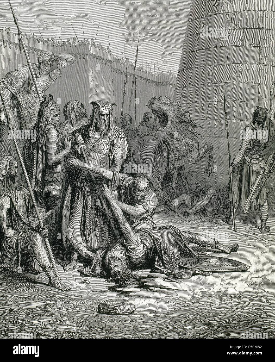 Abimélec (xixe siècle avant J.-C.). Philistine, roi de Guérar (sud de la Palestine). Décès d'Abimélec. Gravure de E. Goebel sur une illustration de Gustave Dore' (1833-1883) pour "La Bible en images.'. Banque D'Images
