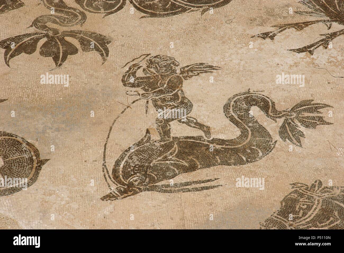 Mosaïque romaine. Neptune circonscription un char. Détail. Thermes de Neptune. Ostia Antica. L'Italie. Banque D'Images