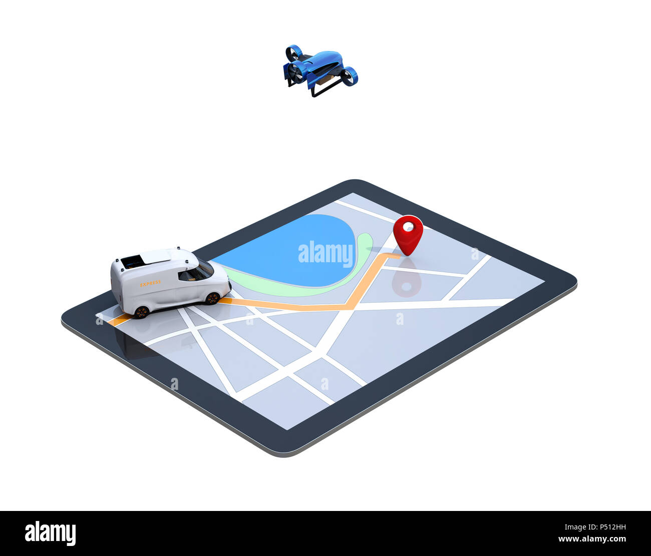 Drone de livraison et van sur l'ordinateur tablette numérique. Arrière-plan blanc. Dernier mile digital solution concept. Banque D'Images