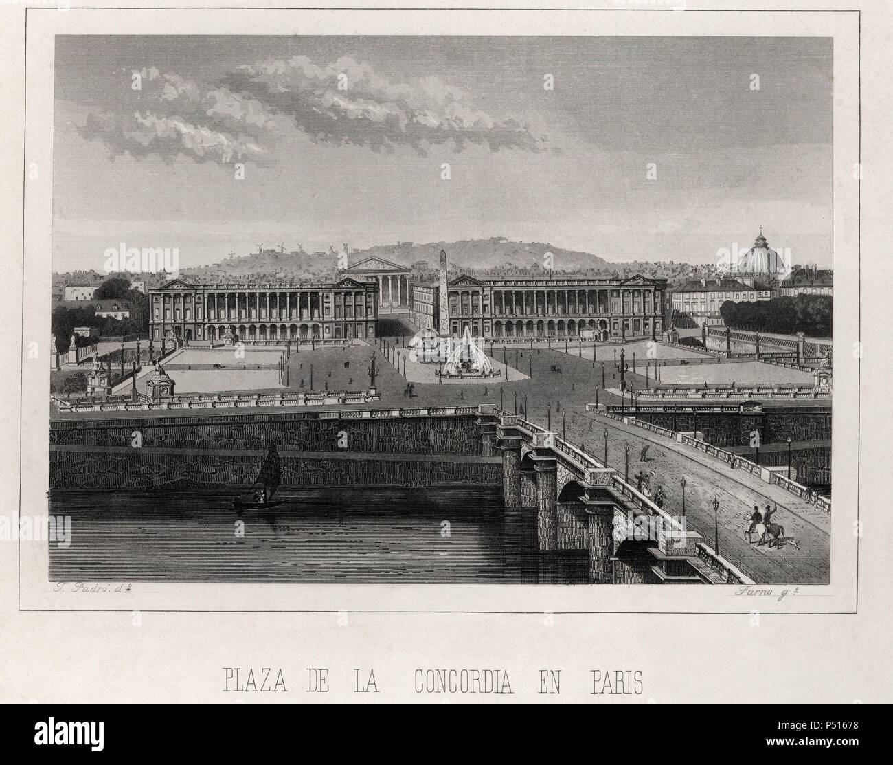 La Plaza de la Concordia de París (Francia), con el Puente de la Concordia. La gravure de la primera mitad del siglo XIX. Banque D'Images