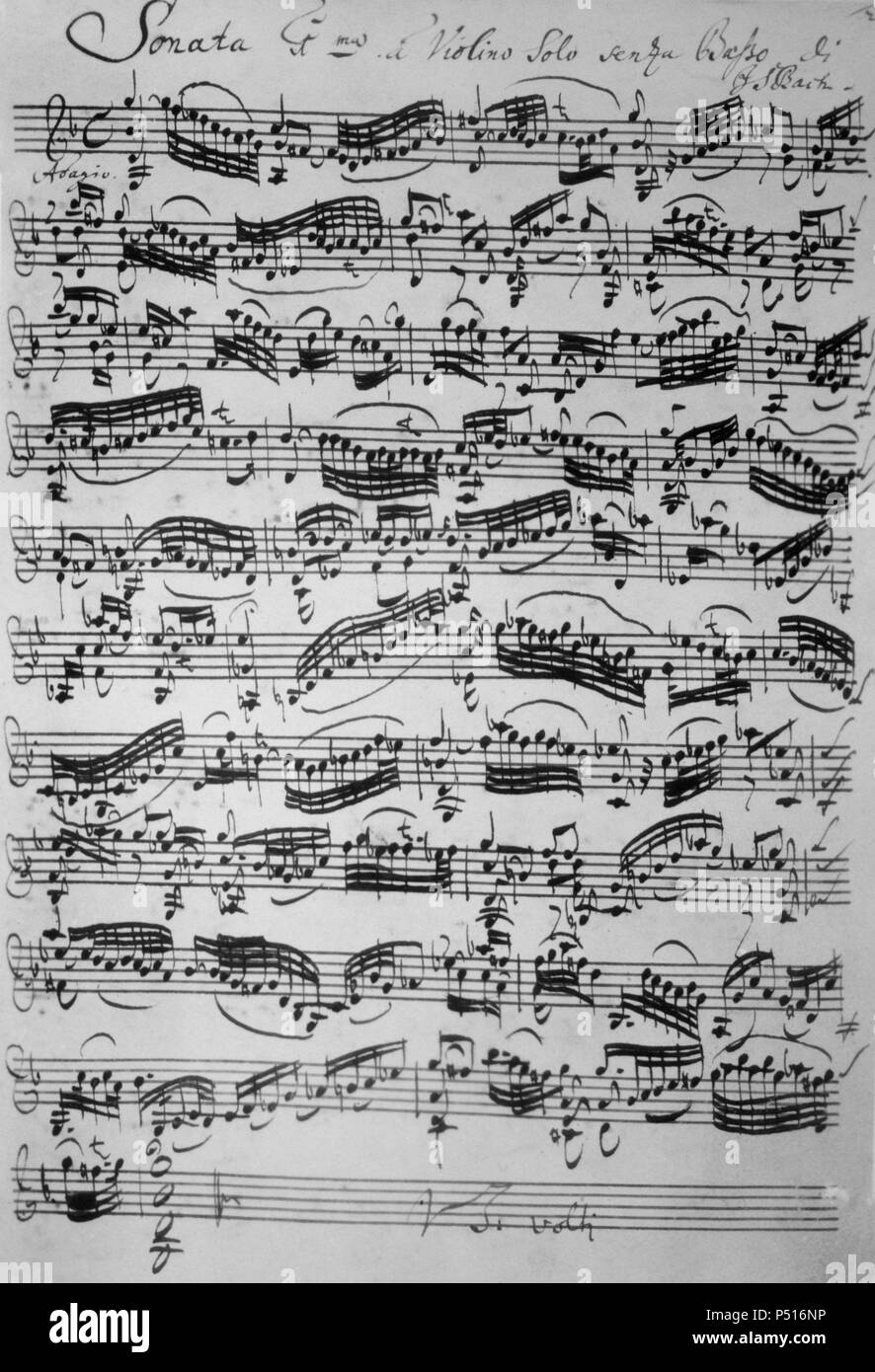 Manuscrito de una Sonata para violín del compositor allemand Johann Sebastian Bach (Risenach Sajonia, 1685-1750, Leipzig). Banque D'Images