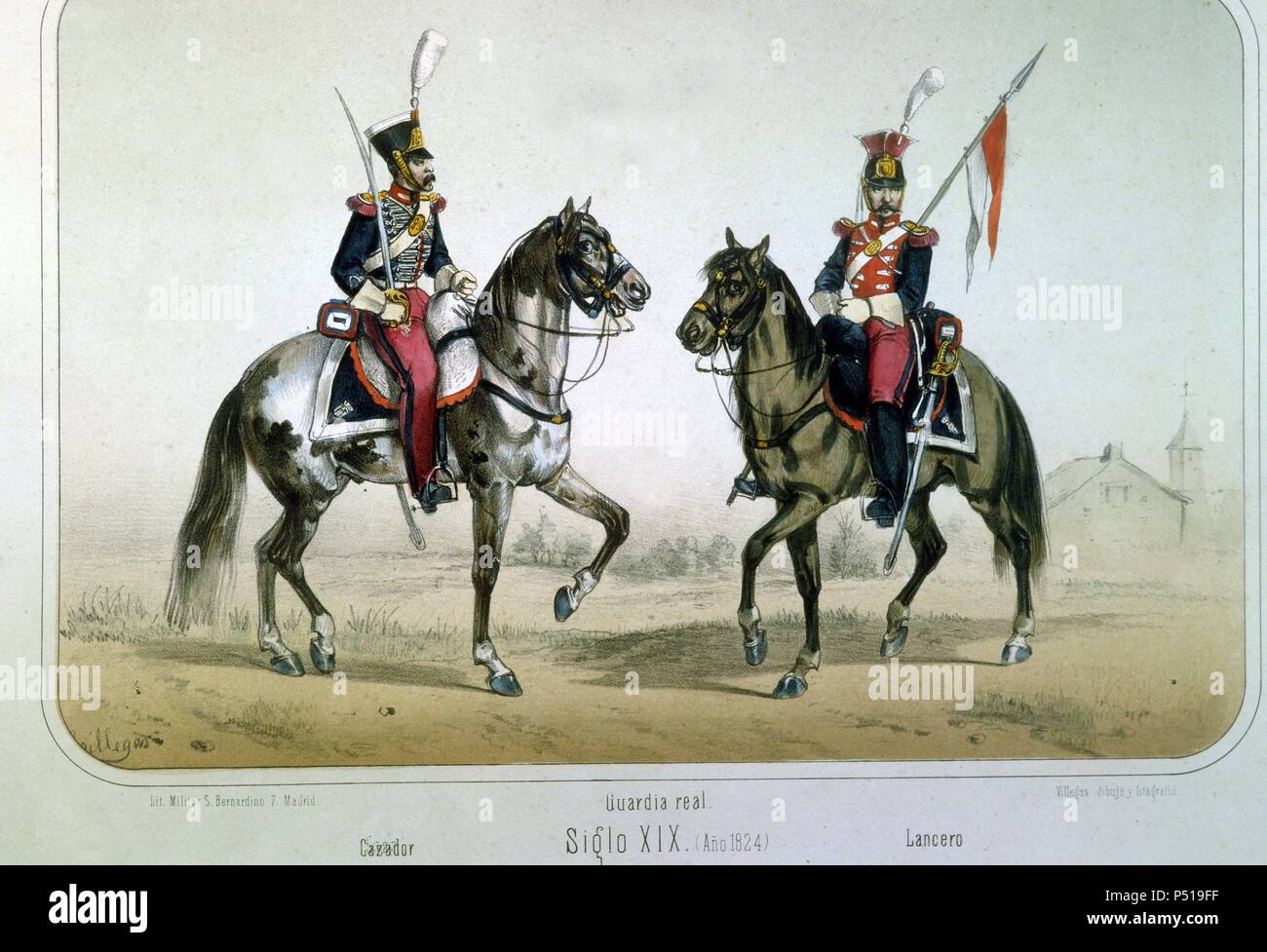 Reinado de Fernando VII (1808 1814 1833) un an. Cazador y Lancero de los Guardias Reales en el año 1824. Dibujo de Villegas. Lámina 49 número del ALBUM DE LA ESPAÑOLA Teniente General Torres del Conde de Schlierbach. Litografía Militar, Madrid, año 1861. Banque D'Images