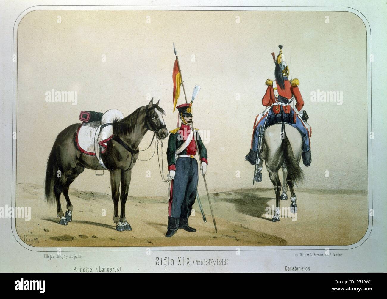 Reinado de Isabel II (1833 a 1868). Lancero del Regimiento del Príncipe y Carabiniers en los años 1847 y 1848. Dibujo de Villegas. Lámina 59 número del ALBUM DE LA Teniente General TORRES ESPAÑOLA del Conde de Schlierbach. Litografía Militar, Madrid, año 1861. Banque D'Images