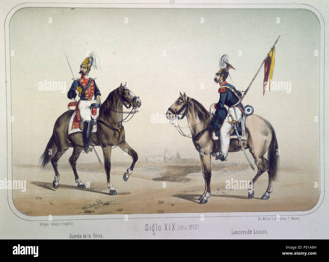 Reinado de Isabel II (1833 a 1868). Guardia de la Reina y Lancero de Luzón en el año 1852. Dibujo de Villegas. Lámina 63 número del ALBUM DE LA Teniente General TORRES ESPAÑOLA del Conde de Schlierbach. Litografía Militar, Madrid, año 1861. Banque D'Images