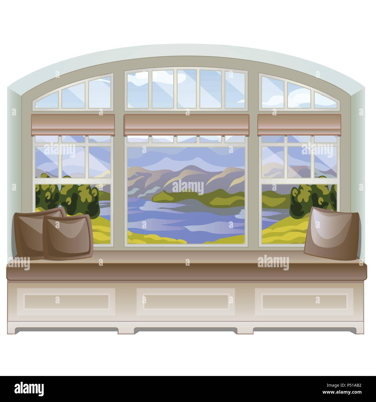 Un endroit confortable pour les activités de loisirs ou la lecture de livres par la fenêtre avec une vue sur les montagnes et le lac. Idées de design d'intérieur fenêtre. Vector illustration. Illustration de Vecteur