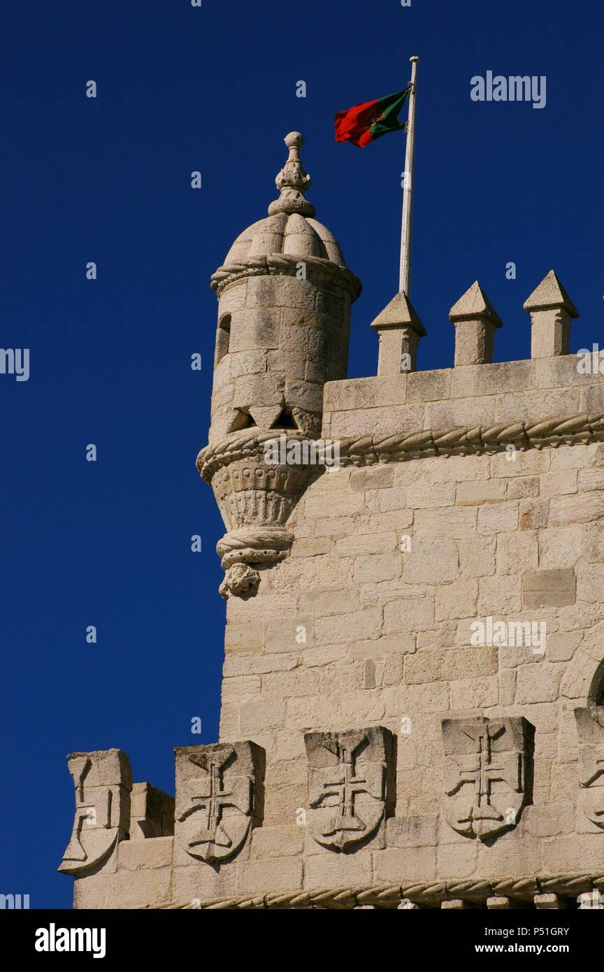 ARTE GOTICO-TARDIO. Style MANUELINO. Le PORTUGAL. Francisco de ARRUDA, (m.1547). Arquitecto portugués. 'TORRE DE BELEN'. Fortín construido entre 1515 y 1519 por orden de MANUEL I 'el Afortunado' para proteger la costa portuguesa. Consta de dos cuerpos : el Baluarte y la torre cuadrada hexagonale. Detalle. Decalarada Patrimonio de la Humanidad por la UNESCO. LISBOA. Banque D'Images