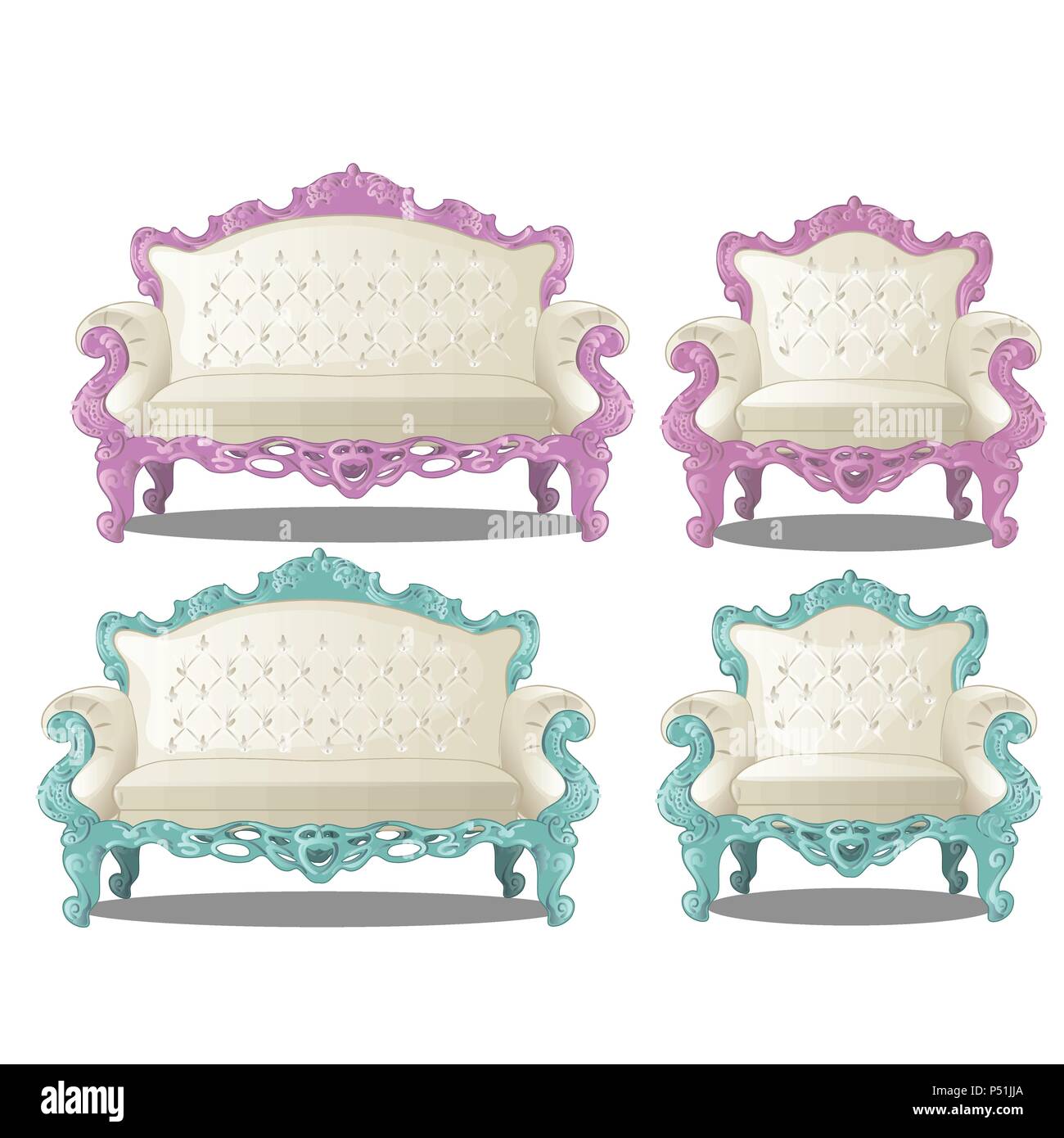 Ensemble de canapés vintage et de chaises. Pour les meubles de style vintage intérieur isolé sur un fond blanc. Cartoon vector illustration close-up. Illustration de Vecteur