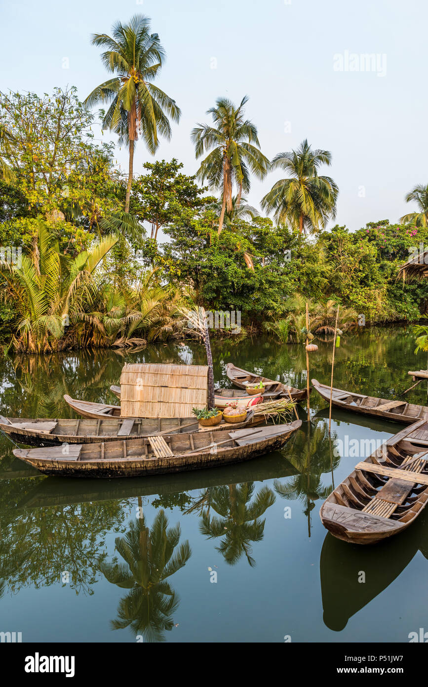 Bateau en bois traditionnel dans une petite rivière dans la région du delta du Mékong du sud du Vietnam Banque D'Images